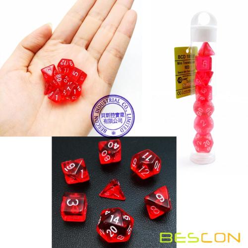 Bescon Mini Transluzent polyedrischen RPG Würfel Set 10 MM, kleine RPG Rollenspiel Würfel Set D4-D20 in Tube, transparent rot