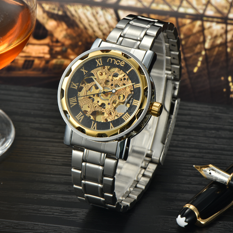 Automatic gold movement steel watch custom logo