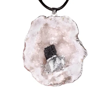 Black Tourmaline Bud Silver Druzy Crystal Cave Pendant Necklace 45CM Black Cord