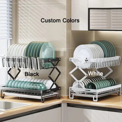 Manufacturer's Multifunctional Collapsible 2-Tier Household Storage Bowl Dish Rack with Utensil Holder and Dish Drainer: Organizing Kitchen Essentials Efficiently