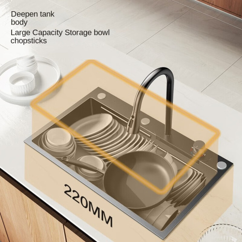 Stainless steel kitchen sink with waterfall pull-down faucet