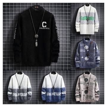 2024 Custom Men's Jacquard Pullover Knitwear Winter Crew Neck Cotton Knitted Sweater