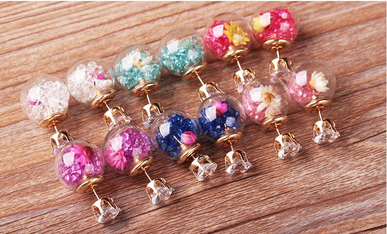 Plaqué Or Blanc Diamant Cristal Multicolore Sable Dérivé Perles Boule De Verre Piercing Double Face Boucles D&#39;oreilles Stud Post