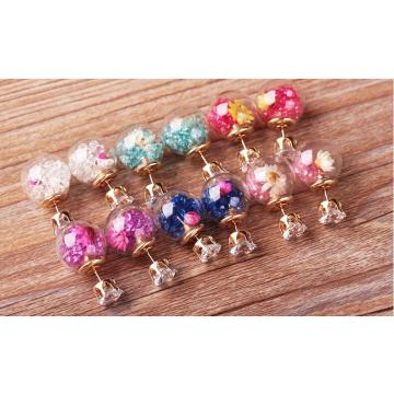 Gold Plated White Diamond Crystal Multicolor Drift sand Beads Glass Ball double-sided piercing Stud Post Earrings