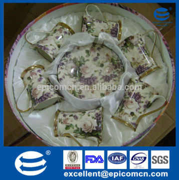 luxury gold and purple flowers decal bone china tea set for six people in stock