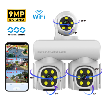 9MP UHD Wireless WiFi PTZ CCTV Security Camera with 3 Lenses for Outdoor Surveillance