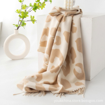 Double-Sided Cow Pattern Acrylic Fringed Shawl Scarf