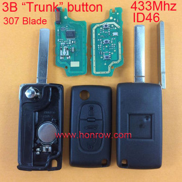 High quality Peugeot 3 Button 433MHz ID46 Chip wflip remote key with VA2 307 blade Trunk button Car key with battery place