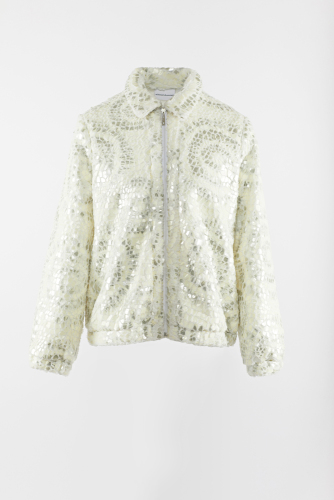 White fake fur jacket with sequins