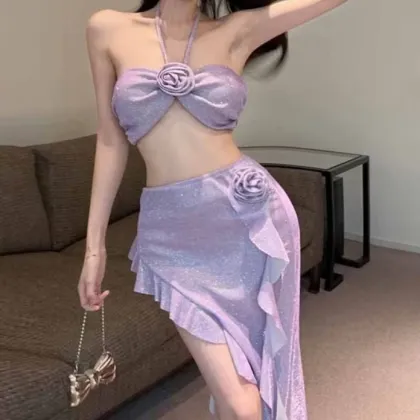 Floral Strapless Camisole Top and Split Skirt Swimsuit Set