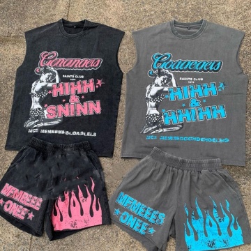 Custom Printed Logo Summer Outfits: Shorts Sets, Street Crew Neck Acid Wash Tracksuits, and Sleeveless Shirts for Men
