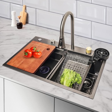 Black 304 Stainless Steel Handmade Waterfall Kitchen Sink with Pull Out Faucet