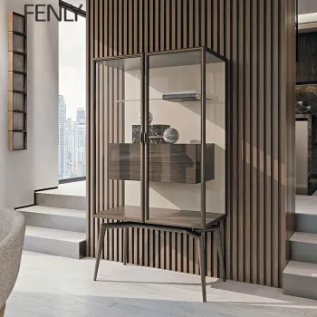 Modern Luxury Wood Mirror Bar Cabinet with Metal Accents