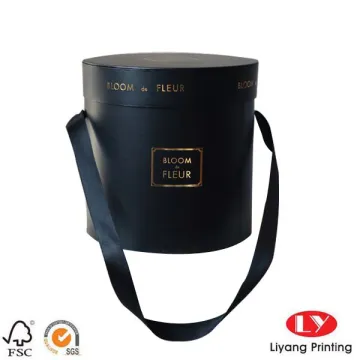Custom Black Round Flower Box with Ribbon Handle
