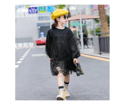 Autumn new big girl children clothes girl dresses black mesh shein dress