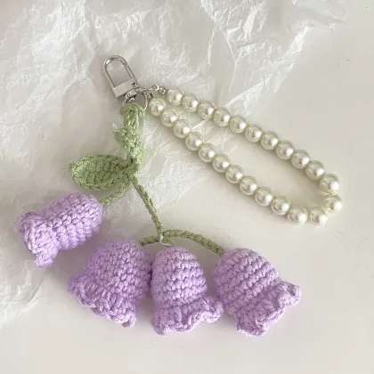 Korean Style Creative Cute Girl's Pearl Chain Wool Crochet Lanling Flower String Keychains