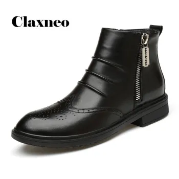 Man Boots Zipper 2020 Autumn Men's Brogue Shoes Genuine Leather Design Male Ankle Boot Winter Footwear Plush Fur Warm SnowShoe