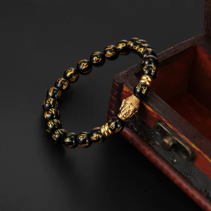 KALEN Men's Stainless Steel Lucky Charm Agate Stone Beaded Bracelet