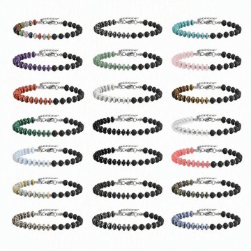 Natural Stone Abacus Beads & 6MM Black Lava Stone Round Beads Stretch Bracelet Gemstone Beads Silver Chain Adjustable Bracelets