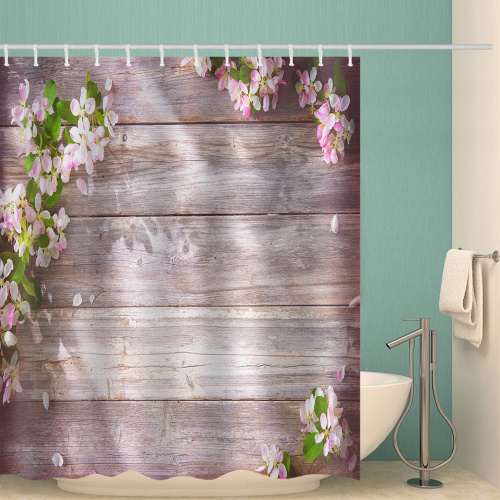 Retro Wood Plank Flower Waterproof Shower Curtain Pink Bathroom Decor
