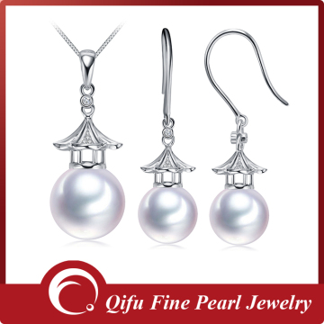 Elegant Series 18K White Gold Nature Pearl Diamond Pavilion Shape Jewelry Set Purity And Elegance Specially Made For Women