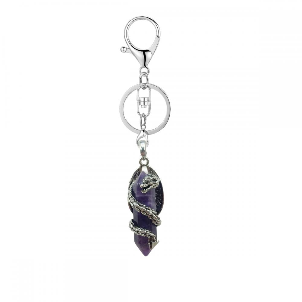 Gemstone Double Hexagonal Prism Emballé Silver Dragon Stone Key Chains Vintage Crystal Dragon Charm Keychain Key Ring Gift