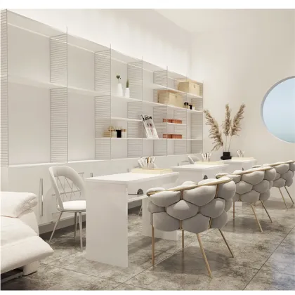 Metal Nail Salon Furniture Set: Tables, Chairs, Vanity, Makeup, Manicure, and Nail Tables