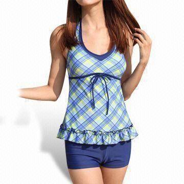Women's Tankini/Swimwear Set, Top with Over Printing and Solid Color Bottom