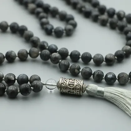 EDOTHALIA 8MM Black Labradorite Bead Mala Necklace, With Six Ture Mantra Words Pendant Necklace