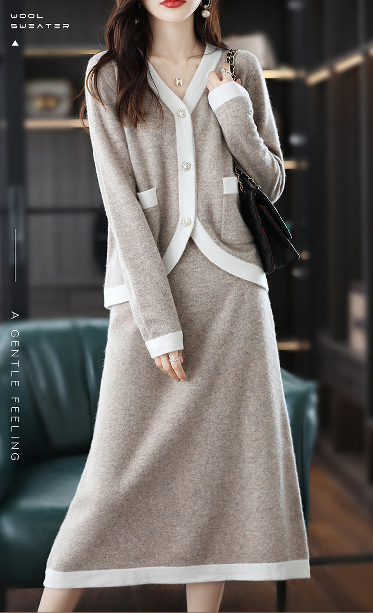 Casual A-line full wool knit skirt suit