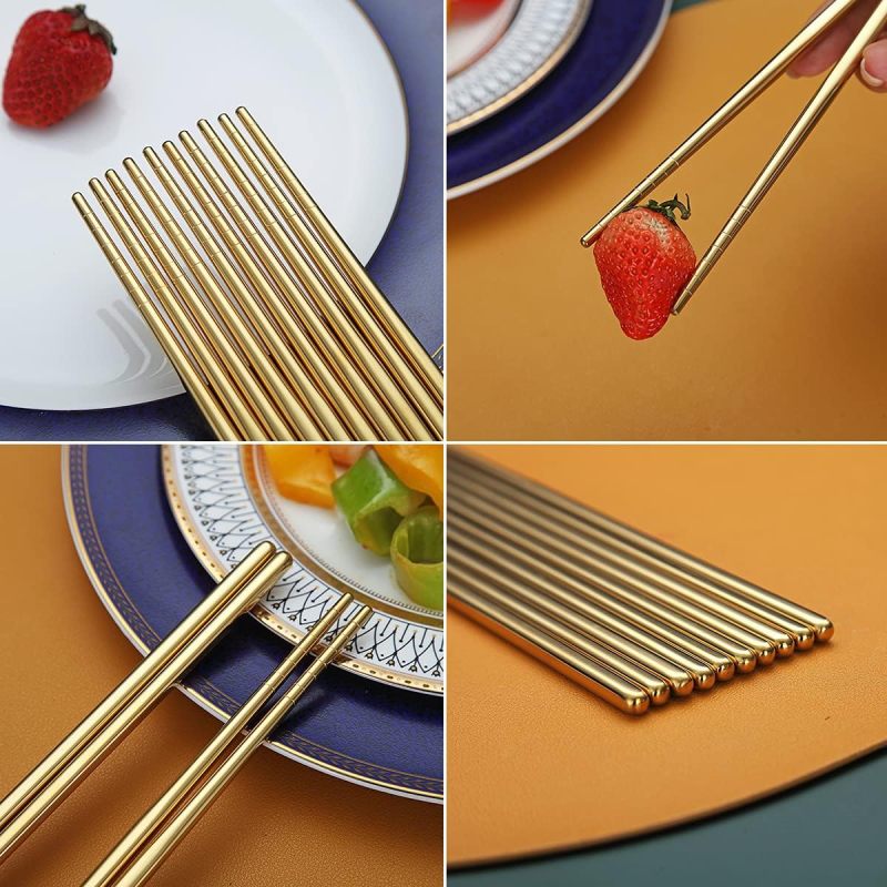 10 Pairs Reusable Chopsticks, Titanium Gold Plating Stainless Steel Metal Chop Sticks