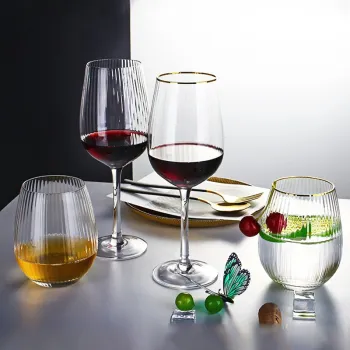 Nordic Retro Vertical Striped Elegant Wine Glass with Gold Rim