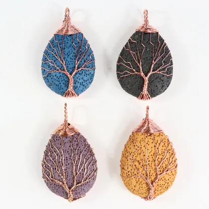 Volcanic Stone Water Drop Copper Plated Tree of Life Pendant - Unisex Jewelry
