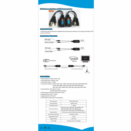 CCTV Video Cable de alimentación Balun Transceptor RJ45 PV501