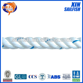 3-Strand 10mm polyester rope white color whith blue mark line