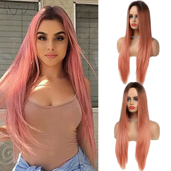 Ombre Colour Hair Cheap Long Natural Straight Synthetic Hair Wig Pastel Pink Cosplay Non Lace Middle Part Wigs for Black Women