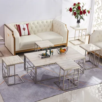 Chic White Marble Top Silver Stainless Steel Square Vestibule Tea Table Set