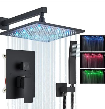 Suguword 8 Inch LED Rainfall Shower Head - Black Matte Shower Faucet System