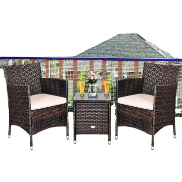 Space-Saving Patio Bistro Set with Tempered Glass Table and Cushioned Wicker Chairs
