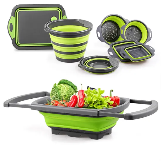 Adjustable Drain Basket and Foldable Cutting Board Storage Bucket