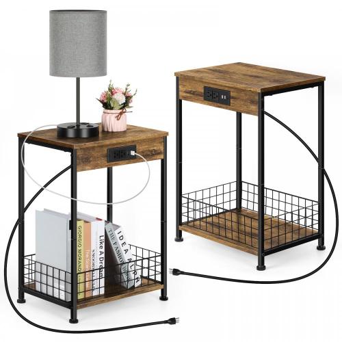 Wooden Storage Rack Bedroom End Tables with Charging Station Supplier