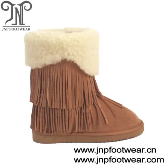 Winter wool cuff fur lined leather snow boots with fringe trims