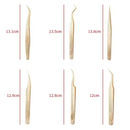 Qianya Custom Logo Eyelash Extension Tweezers Set - Gold EyeLash Tweezers with Fiber Tips