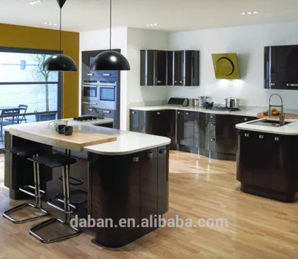 High gloss Guangzhou black painting kitchen cabinets design with kitchen island