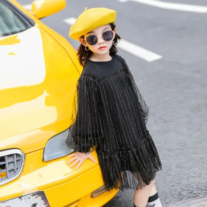 Autumn new big girl children clothes girl dresses black mesh shein dress