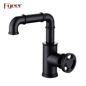 Fyeer Industrial Style Black Brass Basin Faucet with Round Wheel Handle