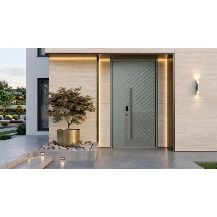 Villa moderna de alta segurança com portas frontais assimétricas