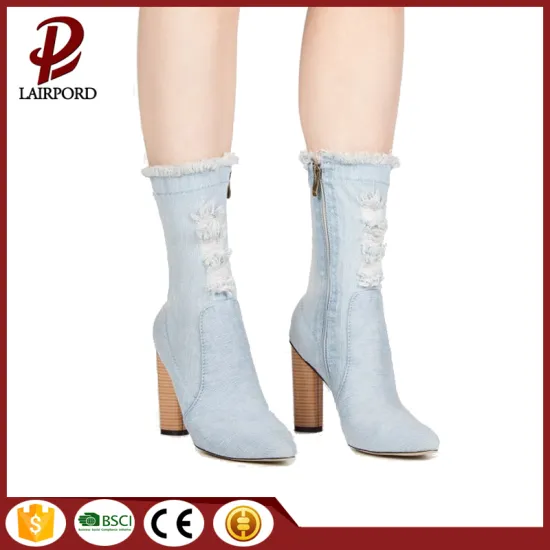 Denim Leather spring Boots Chunky High Heel