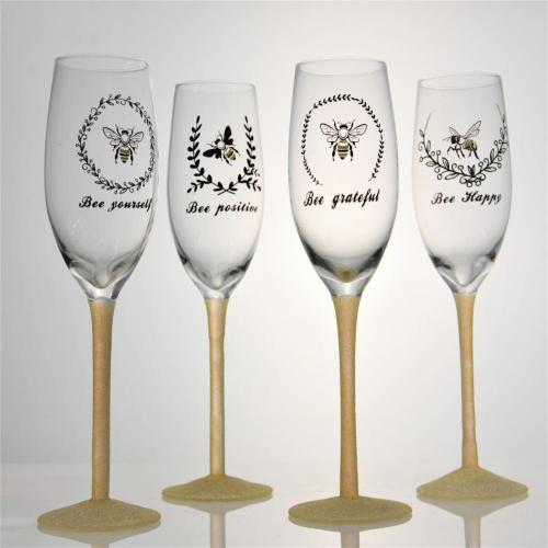 Wine Glasses champagne flute glass bee design glitter glass set Factory