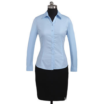 Blue V-neck Long-sleeved Women's Shirts with Stand Collar